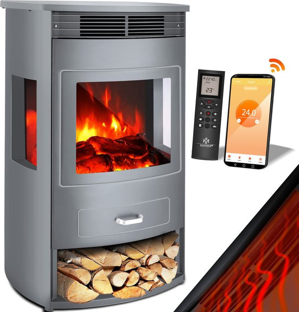 KESSER Prio Elektrokamin in Grau mit LED-Flammeneffekt, Heizfunktion 950/1900 W, WiFi App-Steuerung und Fernbedienung - Bild 1