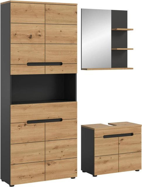 Inn.Furn Badmöbel Set Cooper 3-teilig in Eiche und Grau mit Waschtischunterschrank, Spiegelschrank und Hochschrank - Bild 1
