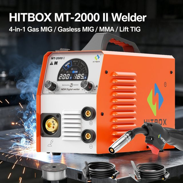 HITBOX MT2000II 4-in-1 MIG-Schweißgerät in Orange mit LED-Display und synergistischer Steuerung für Gas-MIG, Gasloses MIG, MMA und Lift-TIG - Bild 1