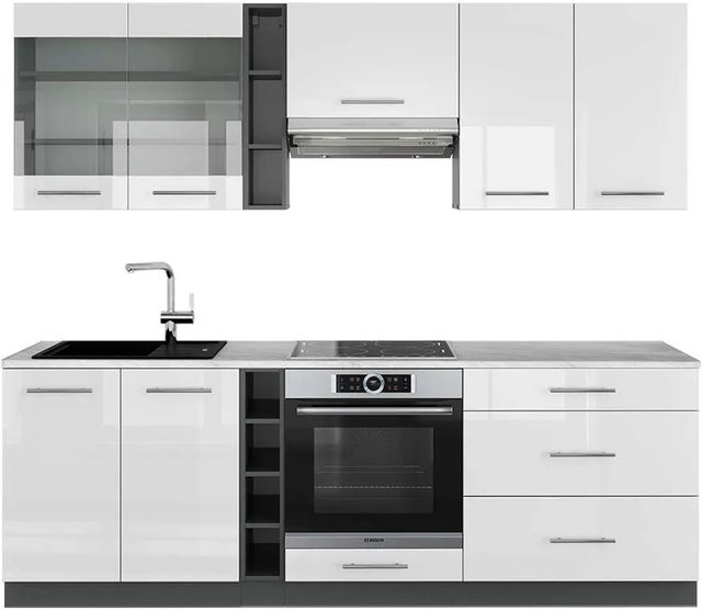 Vicco Fame-Line Küchenzeile in Weiß Hochglanz und Anthrazit mit Marmor-Optik, Breite: 235 cm - Bild 1