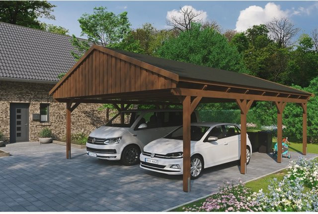 Skan Holz Carport Fichtelberg aus Fichte in Nussbaum Braun mit spitzer Dachform und schwarzen Dachschindeln, B/T: 618 x 808 cm, Höhe: 362 cm - Bild 1