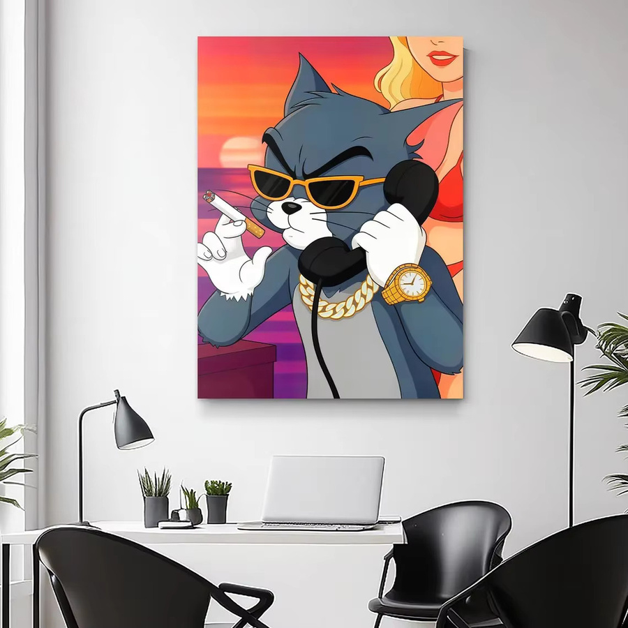 Cool Cat Business Art Digital Download Retro Sonnenuntergang Cartoon Poster Lustige Katze Wandkunst Mehrfarbig - Bild 2