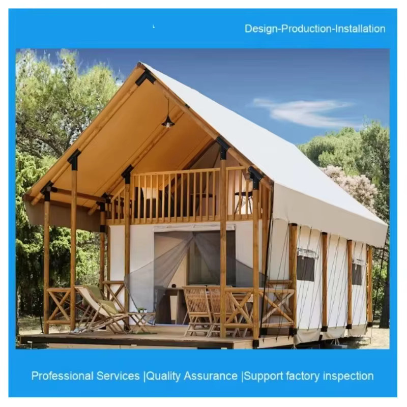 YTYIN Glamping Safari Hotelzelt in Beige als anpassbares Doppeldreieck-Fertigholzhaus mit Stahlwand und rustikalem Design - Bild 3