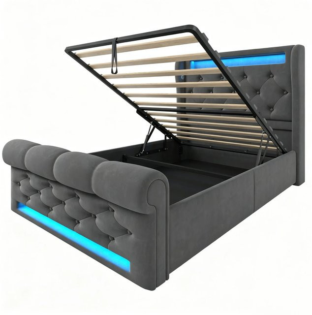okwish Polsterbett mit LED-Beleuchtung und Lift-up-Funktion in Grau, B/T/H: 90 x 200 x 110 cm - Bild 1