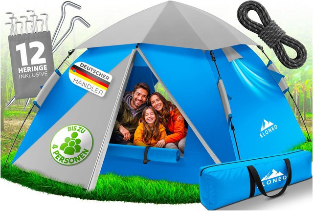 ELONEO Wurfzelt Pop Up Campingzelt für 2-4 Personen, wasserdicht, Blau/Grau - Bild 1