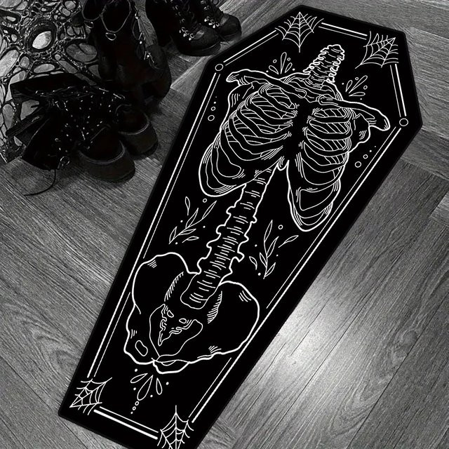 VIKAMA Gothic Sarg Teppich in Schwarz mit Schädel-Design, rutschfest und weich für Wohnzimmer oder Schlafzimmer - Bild 1