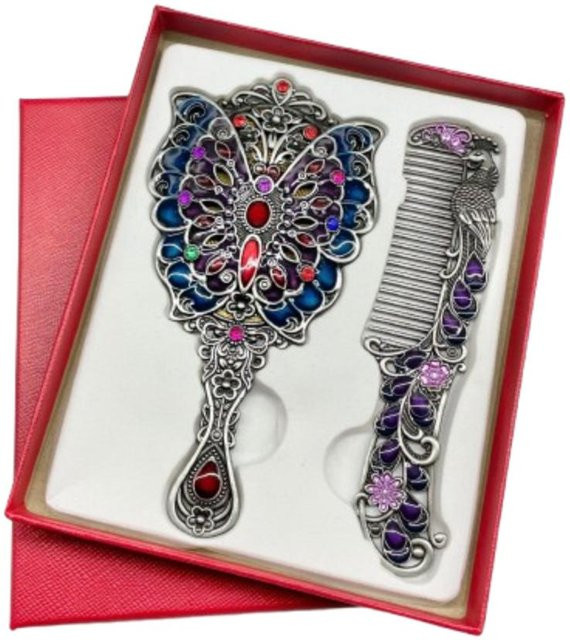 Jinmeige Tragbares Pfauen-Kosmetikspiegel-Kamm-Set in Silber mit Vintage-Metallgriff und floraler Prägung - Bild 1