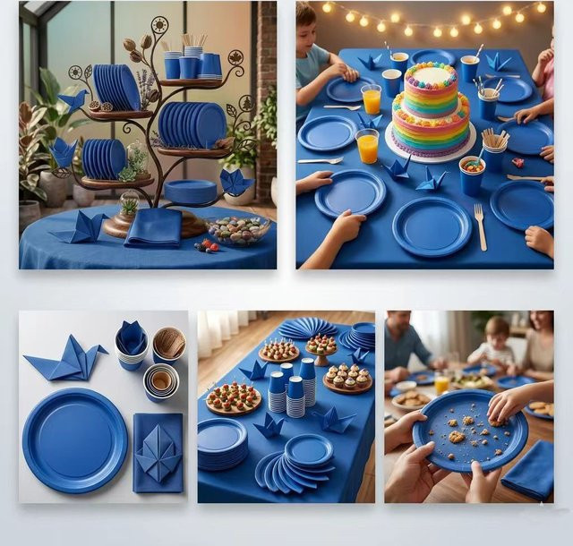 Blaues Einweg-Papiergeschirr-Set für Kindergeburtstage und Familienfeiern bestehend aus Tellern, Pappbechern und Tischdecken - Bild 1