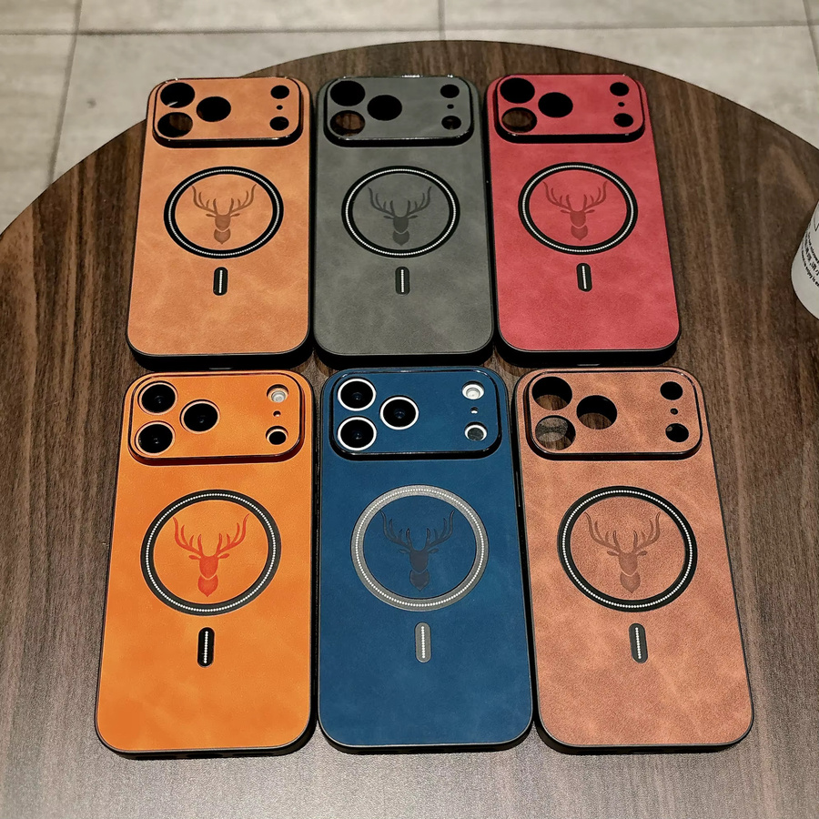 Stoßfeste Lederhülle mit Antilopenkopf-Design für Apple iPhone 17, 16, 15, 14, 13, 12, 11 Pro Max in Braun mit magnetischer Anziehung - Bild 1