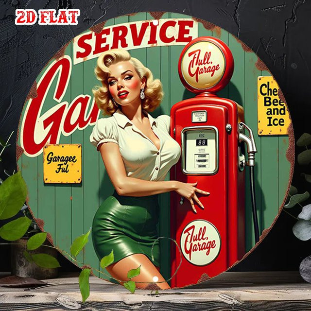 Potdemiel Vintage Pin-Up Girl Gaspumpe Metallschild Rund, Garagendekoration in Blaugrün und Rot, Durchmesser: 20 cm - Bild 1