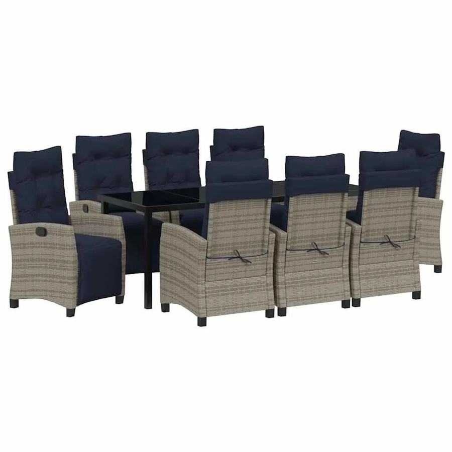 vidaXL Garten Essgruppe aus Poly-Rattan mit 9-teiligem Set in Grau mit Glasplatte und Kissen - Bild 2