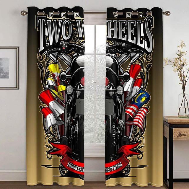2er-Set Vorhang mit Motorrad-Skelett-Muster in Weiß, 3D-Digitaldruck, halbtransparent, B: 50 cm, H: 130 cm - Bild 1