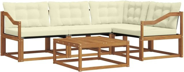 vidaXL Outdoor-Sofagarnitur 5-tlg. in L-Form aus massivem Akazienholz mit Textilene und Kissen, Natur und Creme - Bild 1
