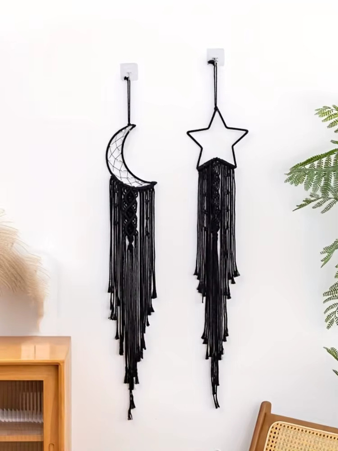Mond & Stern Makramee Wandbehang Schwarz Boho Traumfänger Wandteppich für Wohnzimmer und Schlafzimmer - Bild 3