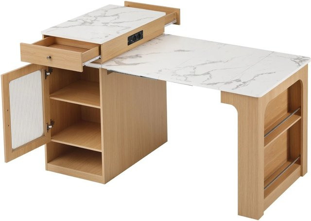 okwish Kücheninsel mit Rollen und ausziehbarem Tisch in Natur, inklusive Steckdosen, B/T/H: 80 x 71 x 92 cm (ausziehbar bis 151 cm) - Bild 1