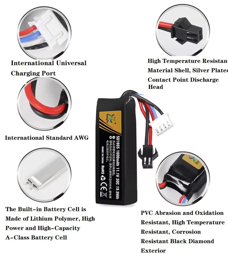 HONGXUNJIE Lipo Batterie 11,1 V 3S 1800 mAh 30C Schwarz für RC Auto, Wasserpistole und Airsoft Spielzeugpistolen - Bild 4