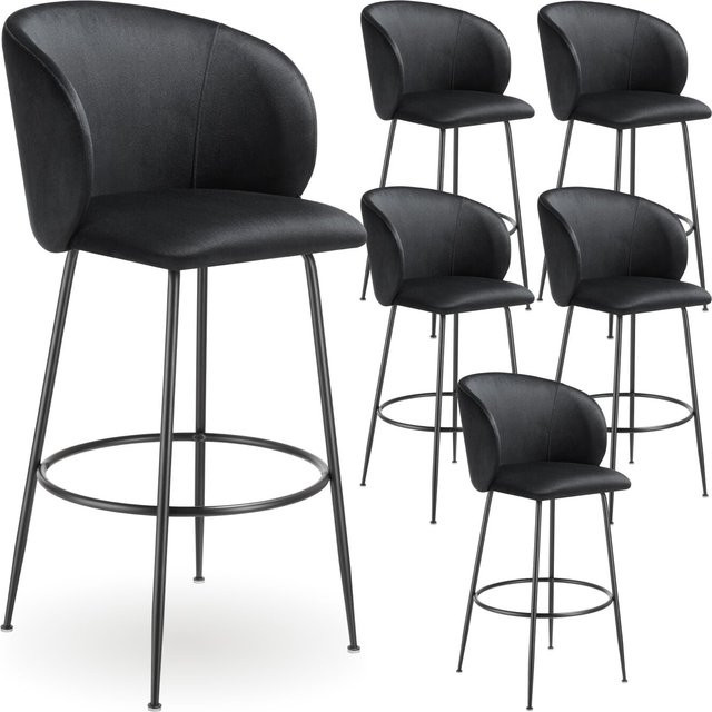 tectake Barstuhl Luana 6er Set in Samtoptik mit Stahlbeinen, Schwarz, B/T/H: 51 x 60 x 106 cm - Bild 1