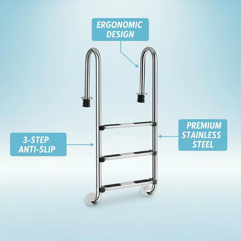 Eingebaute Pooltreppe aus Edelstahl mit 3 Stufen in Silber, rutschfeste Oberfläche und ergonomischer Handlaufkante für Spa und Wasserpark - Bild 2