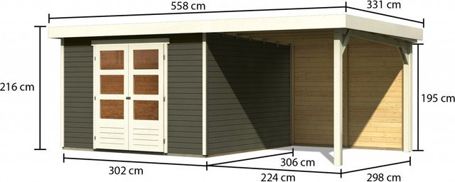 Gartenhaus ASKOLA 6 in Terragrau mit 240 m Anbaudach und Rückwand, Wandstärke: 19 mm, B: 302 cm, T: 306 cm - Bild 1