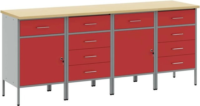 vidaXL Werkbank mit Schubladen und Pegboard, 4-teilig, Rot und Grau, B/T/H: 200 x 55 x 85 cm - Bild 1