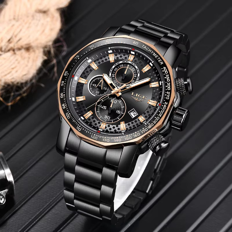 LIGE Chronograph, Quarz, Edelstahl, Silikon, Schwarz, Herren - Bild 3