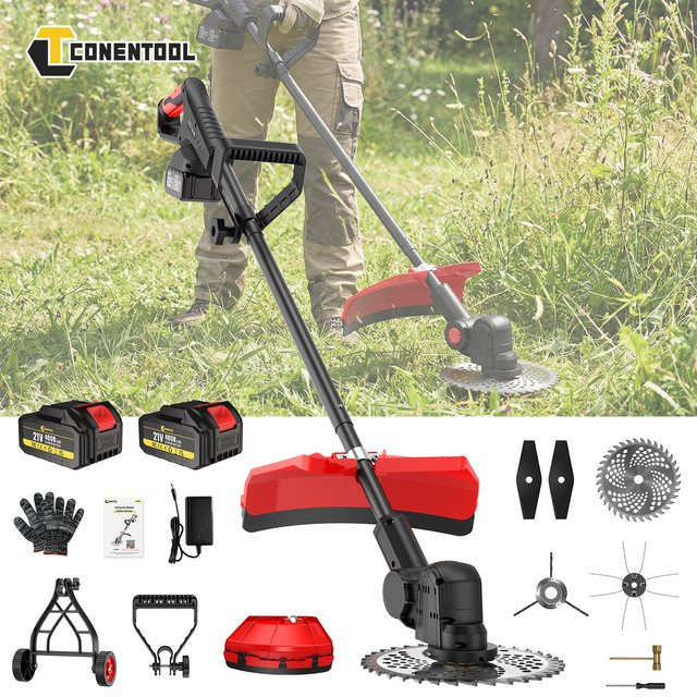 CONENTOOL Bürstenloser elektrischer Rasentrimmer 10 Zoll in Rot mit 36000RPM, kabelloser Rasenmäher mit Rad und 4000mAh Akku für Makita LXT 18V Batterien - Bild 1