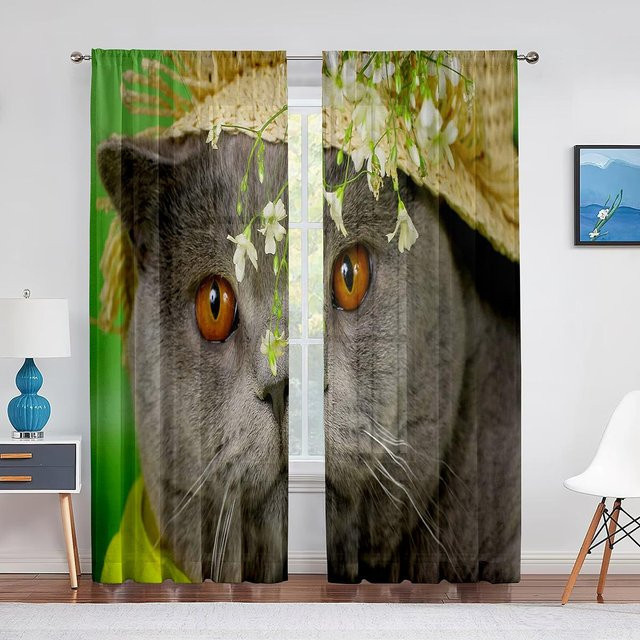 Transparenter Chiffon-Vorhang mit Katzen-Print von Super Six, Grau, Breite: 100 cm, Höhe: 250 cm - Bild 1