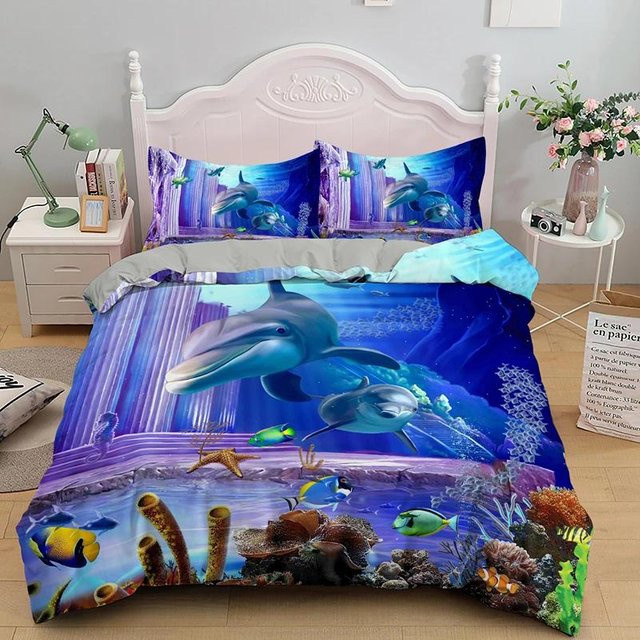 Bettwäsche-Set mit 3D-Delfin-Motiv in Blau von Your Warm Home, bestehend aus Bettbezug und Kissenbezügen aus Polyester, B/H: 140 x 210 cm, Kissenbezüge: 50 x 70 cm - Bild 1