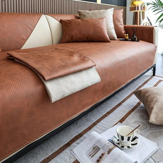 Wasserdichter Sofabezug aus Kunstrindsleder in Braun, rutschfester Couchkissenbezug für das Wohnzimmer, B/H: 90 x 120 cm - Bild 1