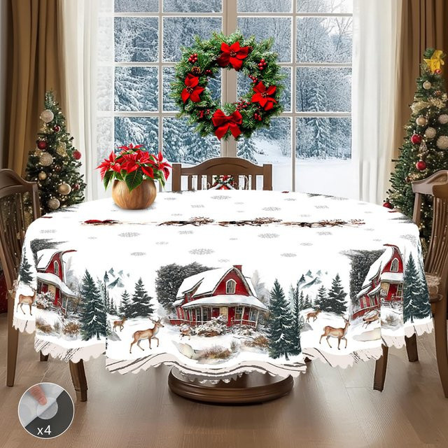 JINGYUE Pet Weihnachts-Tischdecke im Vintage-Bauernhaus-Stil mit Weihnachtsmann, Rentier und Weihnachtsbaum, weiß, B: 152 cm, T: 305 cm - Bild 1