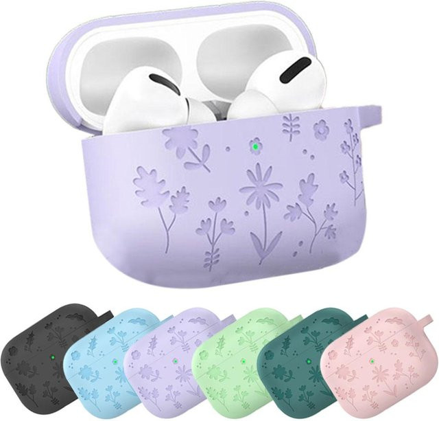 Stoßfeste Vollschutzhülle für Apple AirPods Pro 3 mit floraler Gravur und Reinigungsset in Blau inklusive Schlüsselanhänger - Bild 1