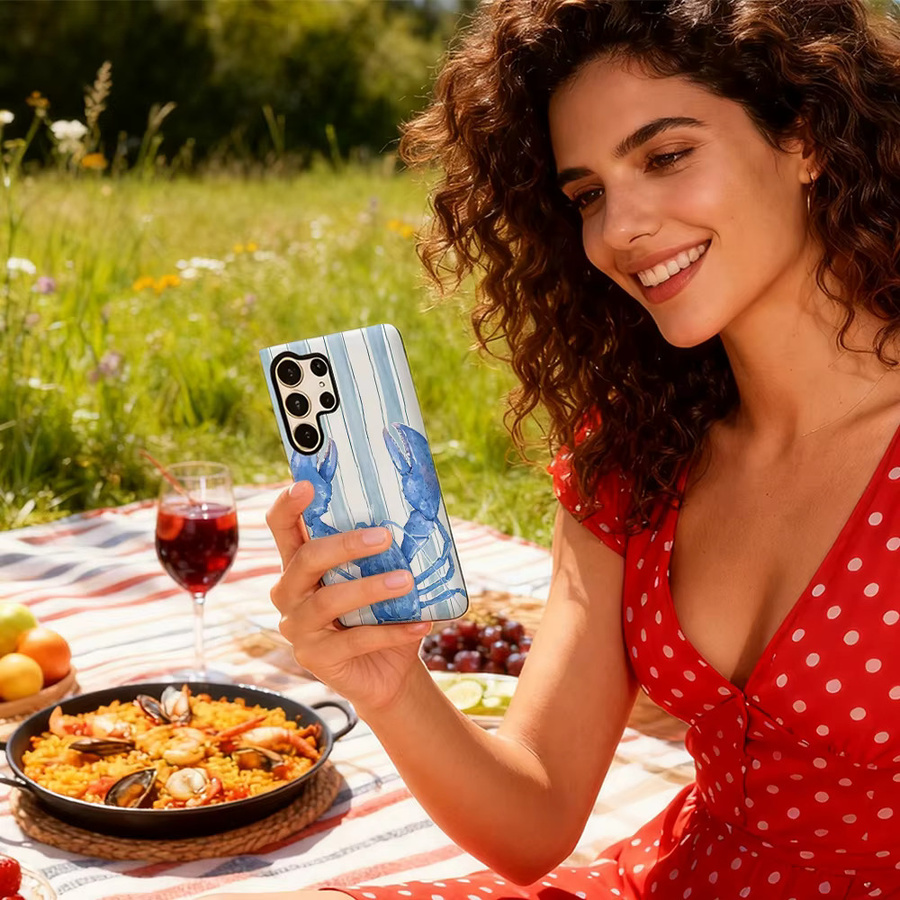 Potdemiel Handyhülle mit blauen Hummerstreifen für Samsung Galaxy S25 Ultra, S24 und S23 Ultra Plus mit glänzender doppellagiger Rückseite - Bild 5