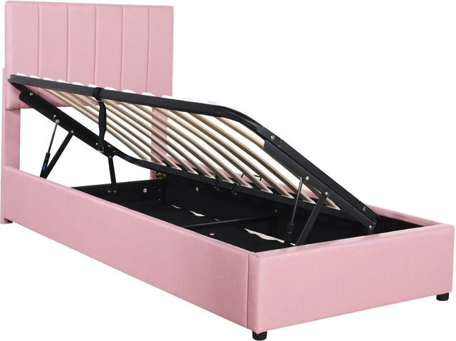 Merax Kinderbett mit Polsterrahmen und Hydraulik-Stauraum in Rosa, B/T/H: 90 x 200 x 93 cm - Bild 1