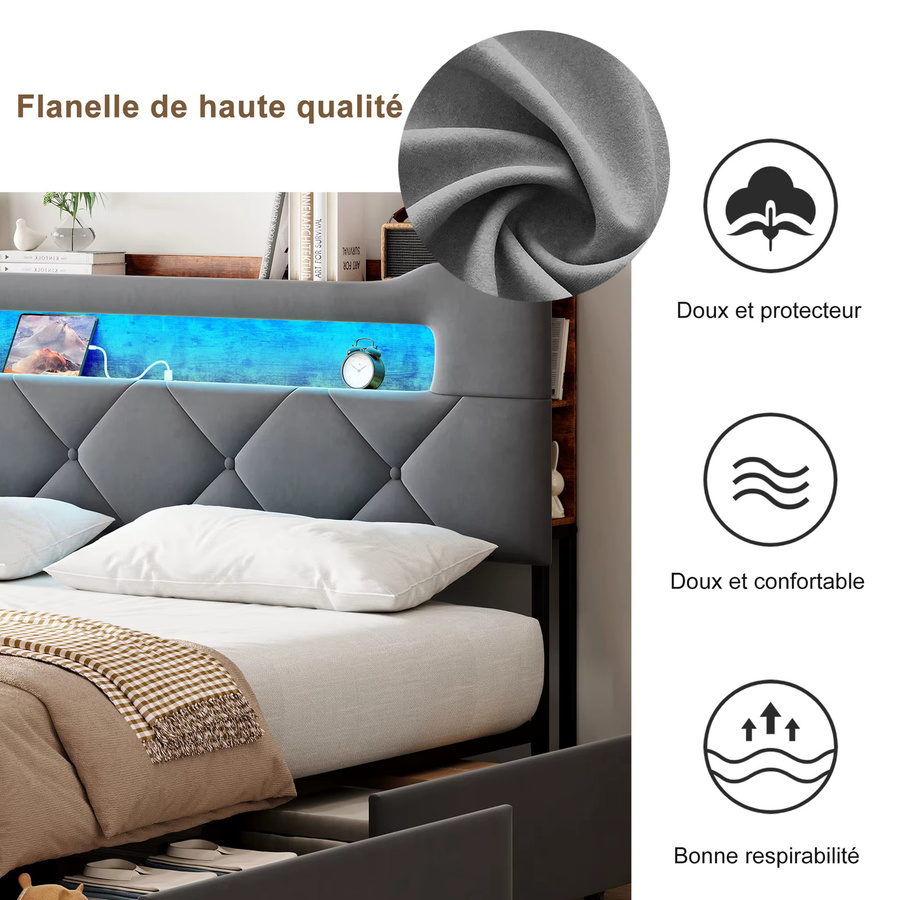 HYNHXBP Doppelbettgestell aus Samt mit Kopfteil-Stauraum, vier Schubladen und Unterbettbeleuchtung, B/T/H: 160 x 200 cm, MDF und Metall, Beige/Grau - Bild 3