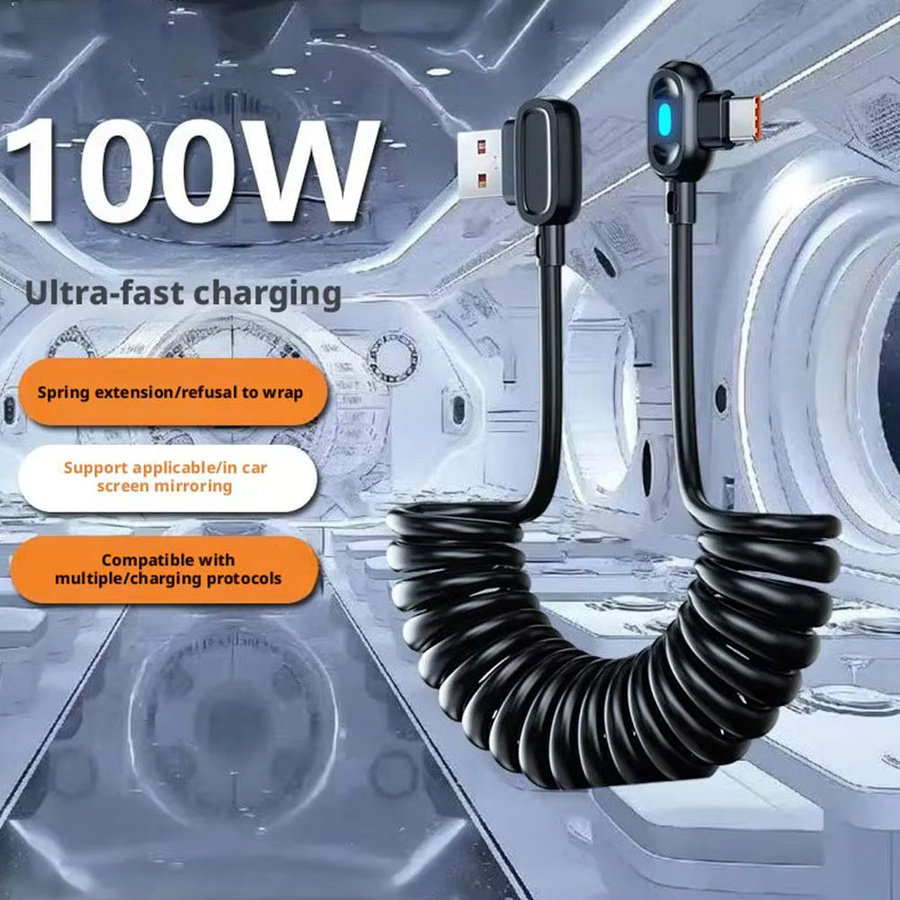 USB-C Schnellladekabel mit 6A Dual 90 Grad abgewinkeltem Stecker und leuchtender Lichtfederspule in Schwarz für Huawei und Honor Smartphones - Bild 2