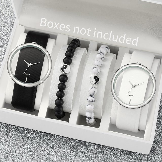 Armbanduhren Set, Quarzuhr, Lederband, Perlen, Damen, Silber - Bild 1