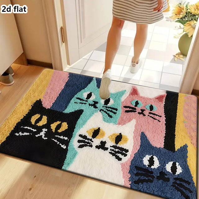 VIKAMA Kätzchen-Teppich mit Katzenmotiv, bunter weicher Teppich für Wohnzimmer, Küche oder Schlafzimmer, mehrfarbig - Bild 1
