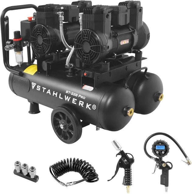 STAHLWERK Kompressor Set mit 8 Bar und 22 l Tank in Schwarz inklusive Reifenfüller, Schlauch, Pistole und Verteiler - Bild 1