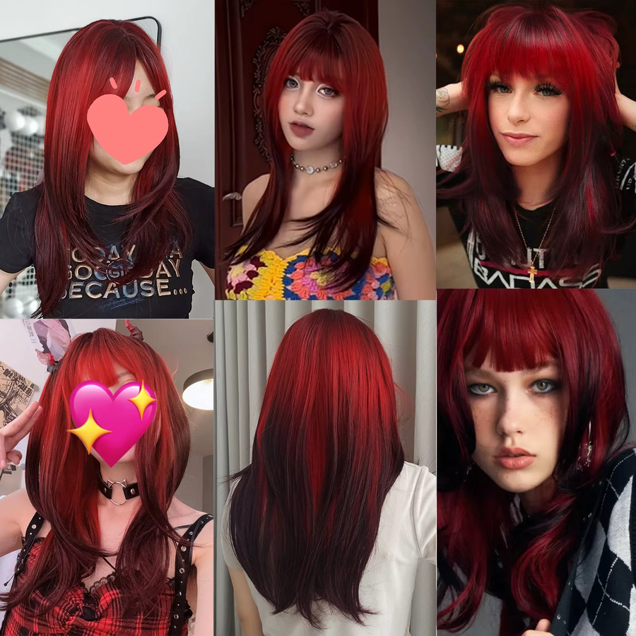 EASIHAIR Perücke, Schwarz-rot Ombre, lang, gerade, geschichtet, mit Pony, Damen - Bild 4