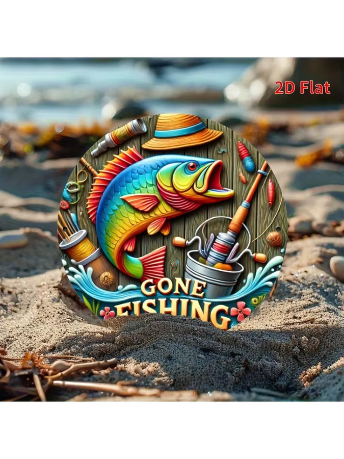 Potdemiel Rundes Metallschild Gone Fishing mit buntem Fisch- und Angelausrüstung Design, Durchmesser: 20 cm, Mehrfarbig - Bild 6