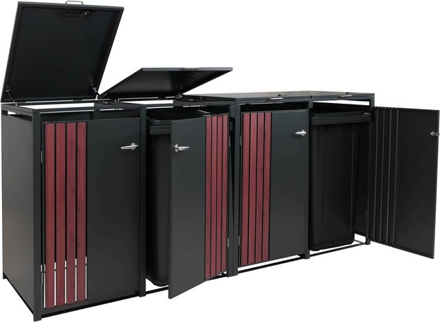 MCW 4er-Mülltonnenverkleidung O67 Mülltonnenbox aus Metall mit Deckel in Anthrazit Holzoptik, B/T/H: 122 x 264 x 84 cm - Bild 1