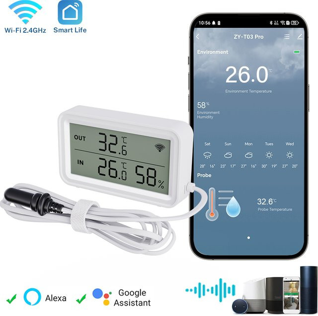Tuya Wi-Fi Temperatur-Feuchtigkeitsmesser mit digitalem LCD und externer Sonde, kompatibel mit Tuya Smart Life und Google Assistant, Farbe: Weiß - Bild 1