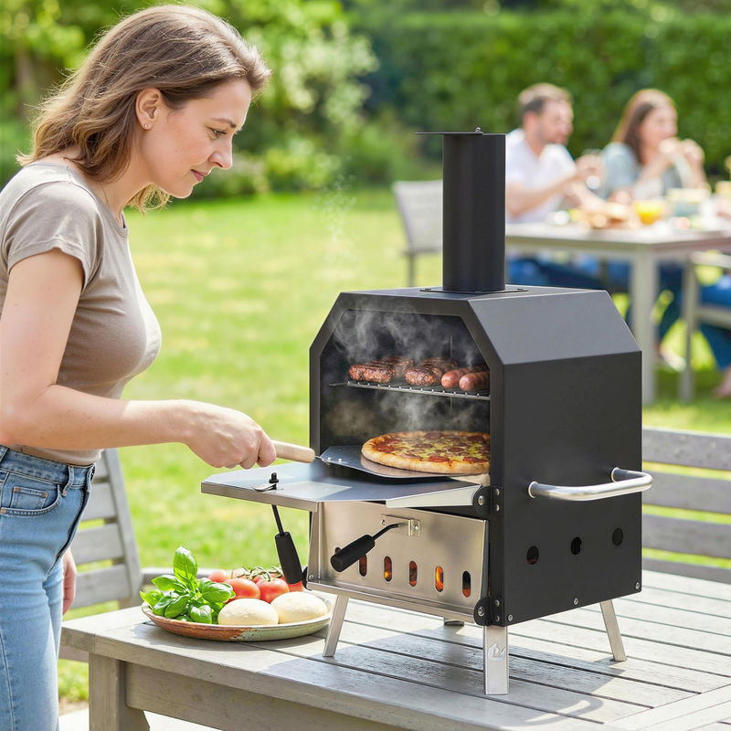 Outsunny Outdoor Pizzaofen aus Edelstahl mit 2 Ebenen, Pizzastein und Pizzaschaufel, holzbefeuert für Garten und Camping - Bild 2