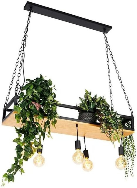 QAZQA Industrielle Hängelampe in Schwarz mit Holz, 5-Licht Pendelleuchte für Küche, Büro und Wohnzimmer, E27, dimmbar - Bild 1