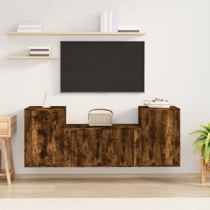 3-teiliges Vidaxl TV-Schrank-Set aus Holzwerkstoff in Räuchereiche, Braun/Grau, Klassisch - Bild 1