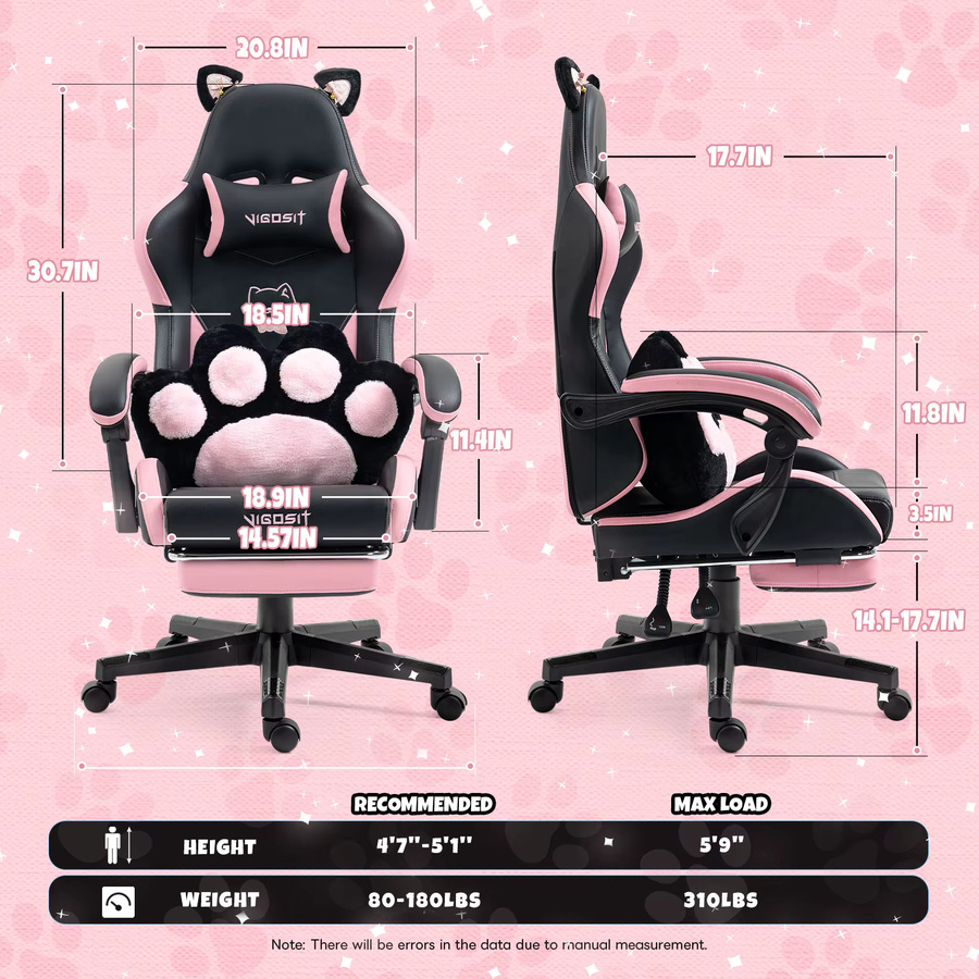 VIGOSIT Gaming-Stuhl mit Katzenohren in Schwarz-Weiß, ergonomischer Computerstuhl für Mädchen mit Massage-Lendenwirbelstütze, Kopfstütze, Fußstütze und Liegefunktion, aus Kunstleder - Bild 3
