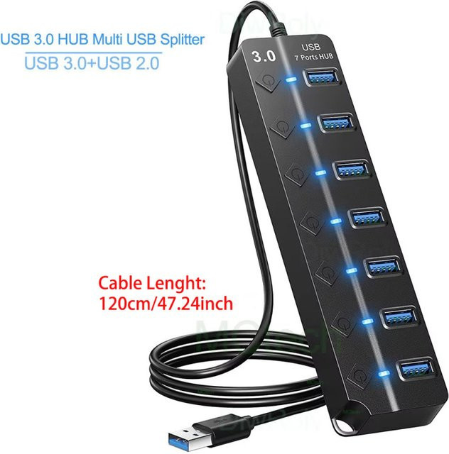 Tutew USB 3.0 Hub Multi-USB-Splitter in Schwarz mit 120 cm Kabel für Computer und Laptop - Bild 1