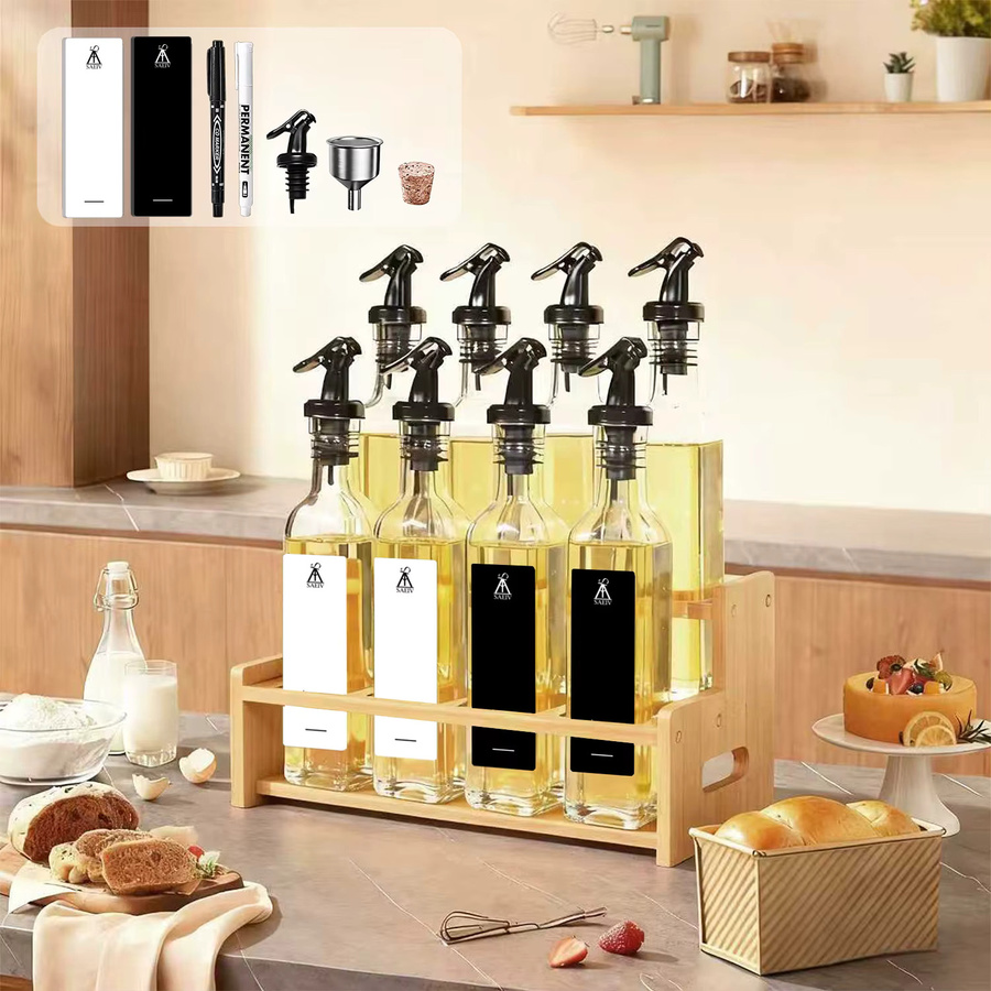 SIAZIH Öl- und Essigspender-Set aus Glas mit Bambus-Aufbewahrungsregal, transparent, auslaufsicher - Bild 2