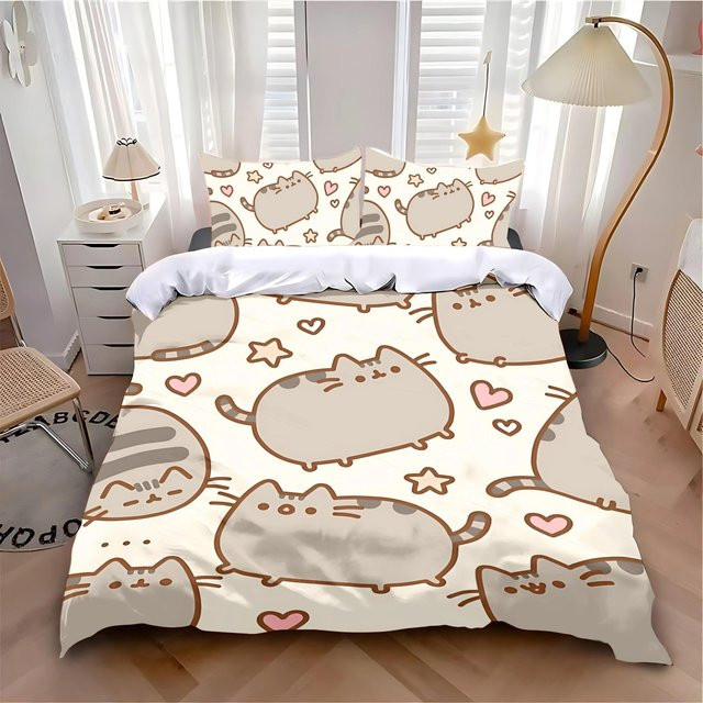 MINISO Bettwäsche-Set mit Katzen-Cartoon-Motiv, 3-teilig, Weiß, B/H: 135 x 200 cm - Bild 1