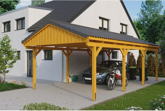 Skan Holz Carport Fichtelberg aus Fichte Leimholz in Beige mit spitzer Dachform B/T: 423 x 808 cm, Höhe: 326 cm - Bild 1